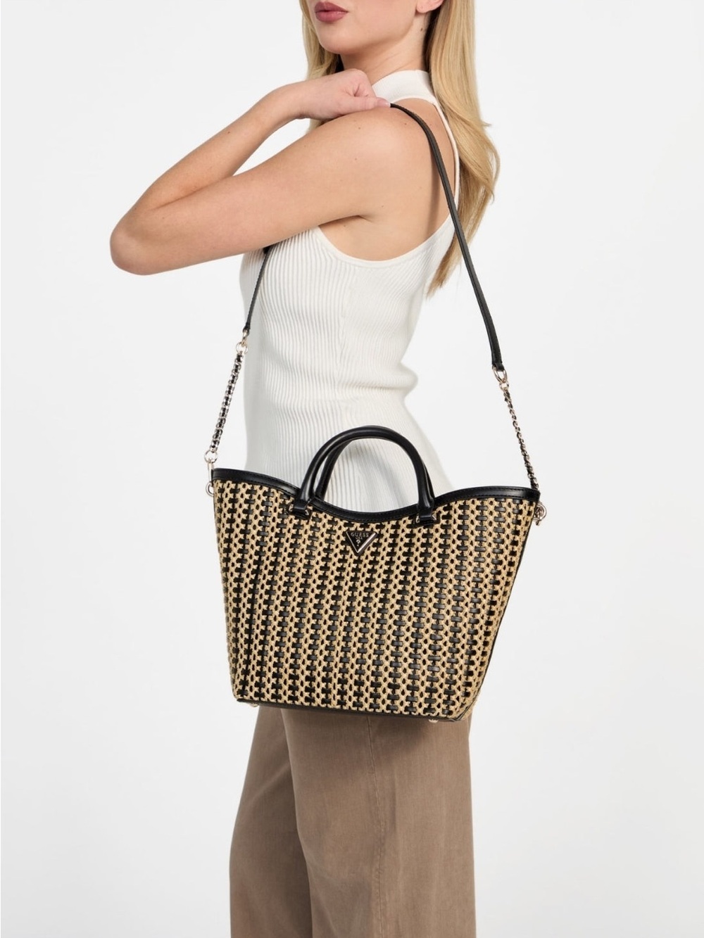 New Guess Black & Tan Woven Tote with Chain-Detail Strap